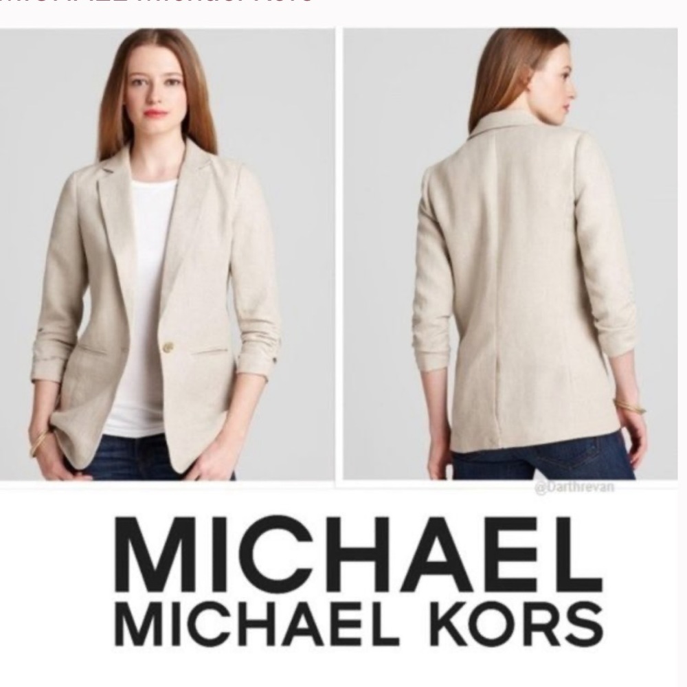 MK Michael Kors Natural Linen Shirred Boyfriend Blazer 3/4 Sleeve SZ 2 XS Khaki